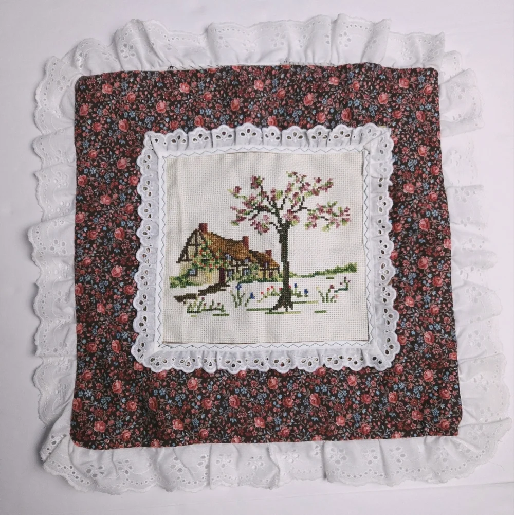 Vintage Embroidered Cross Stitch Lace Pillowcase Spring Cottage 13x13 Handmade